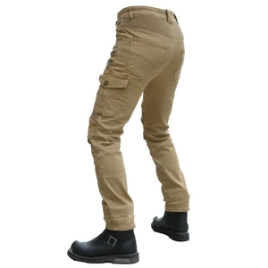 Khaki motorcycle cargo pants with accordion stretch panels and side pockets for bikers