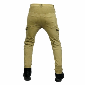 Men's khaki motorcycle cargo pants with side pockets and knee pleats shown from the back