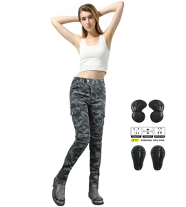 Detail of grey camo motorcycle pants showing knee shirring and removable CE protectors