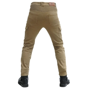 Back view of khaki motorcycle cargo pants with stretch panels and utility pockets