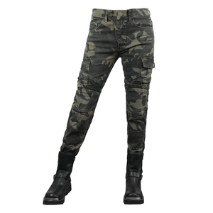 Detail of camouflage motorcycle pants with biker stretch panels and cargo pockets