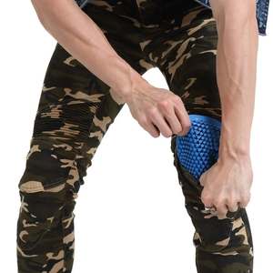 Men's camouflage motorcycle riding jeans featuring flexible knee pads and protective armor