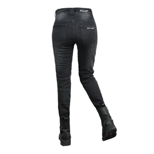 Detail view of motorcycle jeans with elastic stretch panels at the back waist and knees