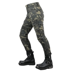 Detail of camouflage motorcycle pants with reinforced accordion panels and cargo pockets
