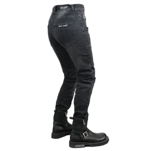 Detail of dark grey motorcycle jeans showing elastic accordion panels and durable denim fabric