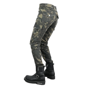 Detailed side view of camouflage motorcycle pants with flexible knee panels and cargo pockets