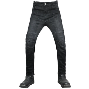 Mens motorcycle riding jeans in washed black gray with stretch panels and knee protection