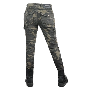 Detail of grey camouflage motorcycle pants showing reinforced knee pleats and back pockets