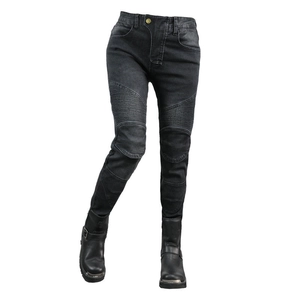 Detail of motorcycle jeans featuring accordion stretch panels and built-in knee protection