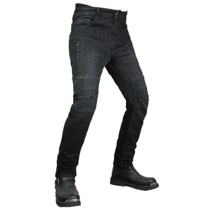 Detail view of motorcycle jeans with accordion stretch panels and side zipper pocket