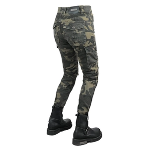 Detail view of camouflage motorcycle pants with protective knee pleats and side cargo pockets