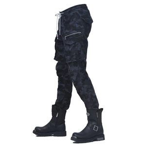 Pantaloni da moto uomo slim fit blu navy mimetico con tasche laterali cargo e lacci