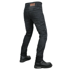 Mens black motorcycle riding jeans with accordion stretch panels and protective armor