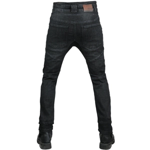 Men's black motorcycle jeans with flexible pleated knee panels and slim fit design