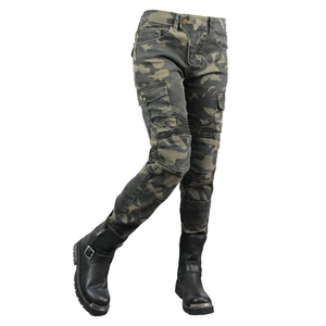 Detail of grey camo motorcycle pants featuring flexible knee accordion panels and cargo pockets