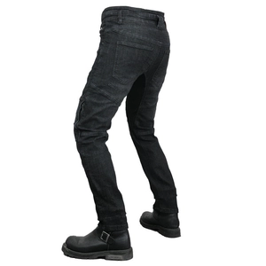 Detail of grey motorcycle riding jeans showing stretch accordion panels and zip pocket