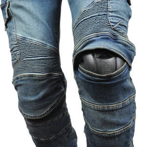 Close-up of motorcycle jeans with CE certified knee protectors and elastic knee pleats
