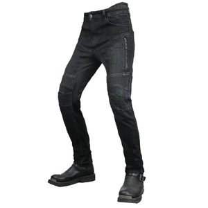 Detail of accordion stretch panels on motorcycle jeans for flexible knee movement