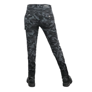 Detail view of camouflage motorcycle pants featuring protective knee padding and back pockets