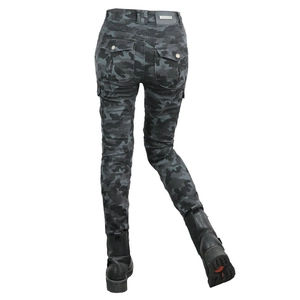 Rear view of camouflage motorcycle pants featuring protective knee pads and large back pockets