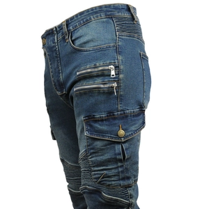Detail of dark blue motorcycle jeans with biker pleats, cargo pockets and zip features