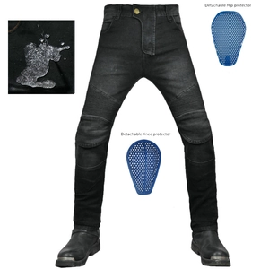Jean moto imperméable avec plis d'aisance aux genoux et protections bleues amovibles