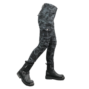 Women's camouflage motorcycle riding pants with multi-pockets and protective gear style