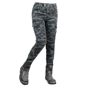 Detail of camouflage motorcycle pants featuring accordion stretch panels and cargo pockets