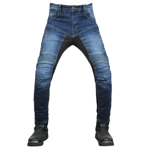 Detail view of motorcycle jeans with protective knee pleats and elastic fabric inserts