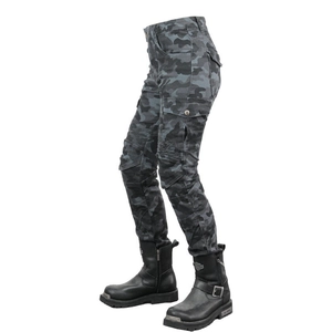 Detail of dark gray camouflage motorcycle pants showing protective knee stitching and side pockets