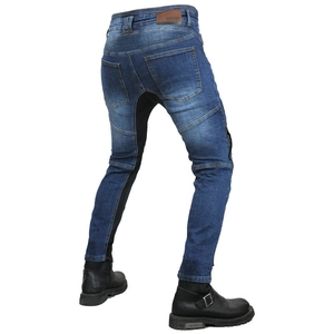 Dark blue motorcycle jeans with accordion stretch panels and reinforced stitching