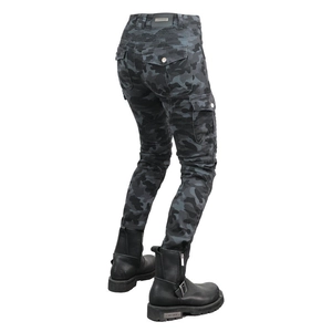 Rear view of camouflage motorcycle pants featuring stretch panels and side cargo pockets