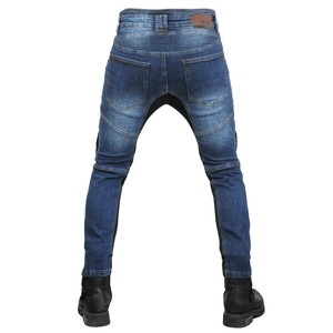Men's protective motorcycle jeans with elastic panels and reinforced denim for riding