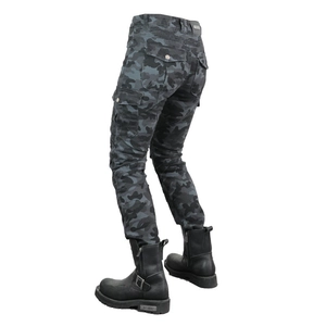 Close-up of camouflage motorcycle riding pants with reinforced knees and cargo pockets