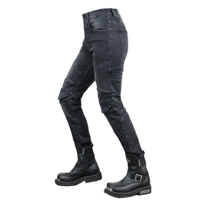 Women's dark grey stretch motorcycle jeans with protective knee pads and slim fit design