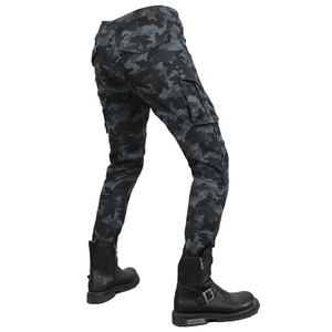Slim fit black camo motorcycle cargo pants with side pockets and protective gear features