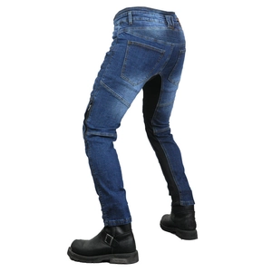 Men's breathable motorcycle jeans in blue denim with protective knee padding and stretch zones