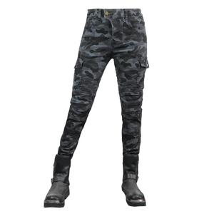Detail of female camo motorcycle jeans featuring stretch accordion panels at the knees