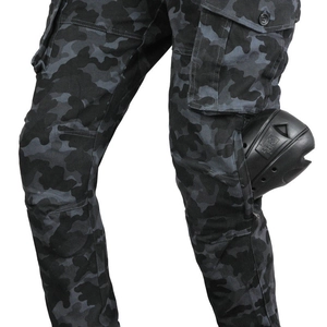 Slim fit black camo motorcycle cargo pants with adjustable protective knee pads