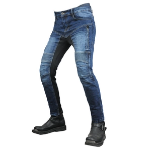 Detail of blue motorcycle jeans with accordion stretch panels and side zipper pocket