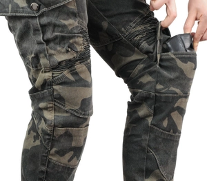Detail of gray camouflage motorcycle pants with cargo pocket and pleated knee panels