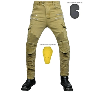 Men's khaki motorcycle riding jeans with detachable knee and hip armor pads