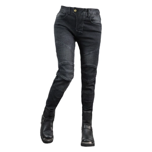 Women's motorcycle riding jeans with protective pads and flexible stretch accordion panels