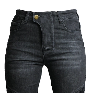Damen-Motorradjeans in Dunkelgrau, Slim Fit, mit einzigartigem asymmetrischem Hochbund