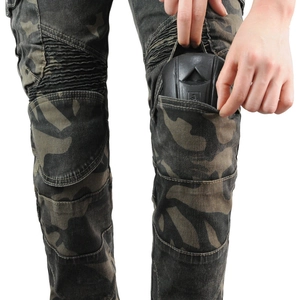 Detail of camouflage motorcycle pants featuring protective knee pads and stretch panels