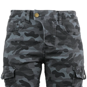 Women's dark grey camouflage motorcycle cargo pants with durable fabric and armor pockets