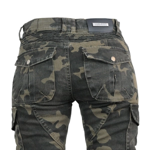 Detail of camouflage motorcycle pants with elastic back panel and flap pockets