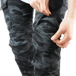 Women's camouflage motorcycle jeans with protective knee padding and elastic panels