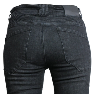 Damen Motorradjeans in Dunkelgrau mit elastischen Falten und schmaler Passform Rückansicht