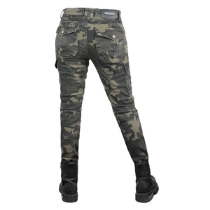 Women's camouflage motorcycle riding jeans with protective pads and back pocket detail